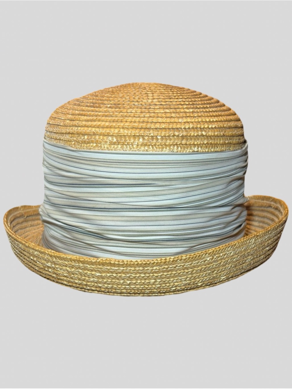 Betmar New York Vintage Straw Cloche Bowler Hat Striped Ban
